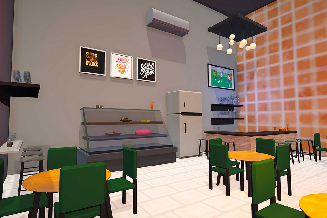 3d cafe, 3d coffee shop, cartoonish cafe interior 3d